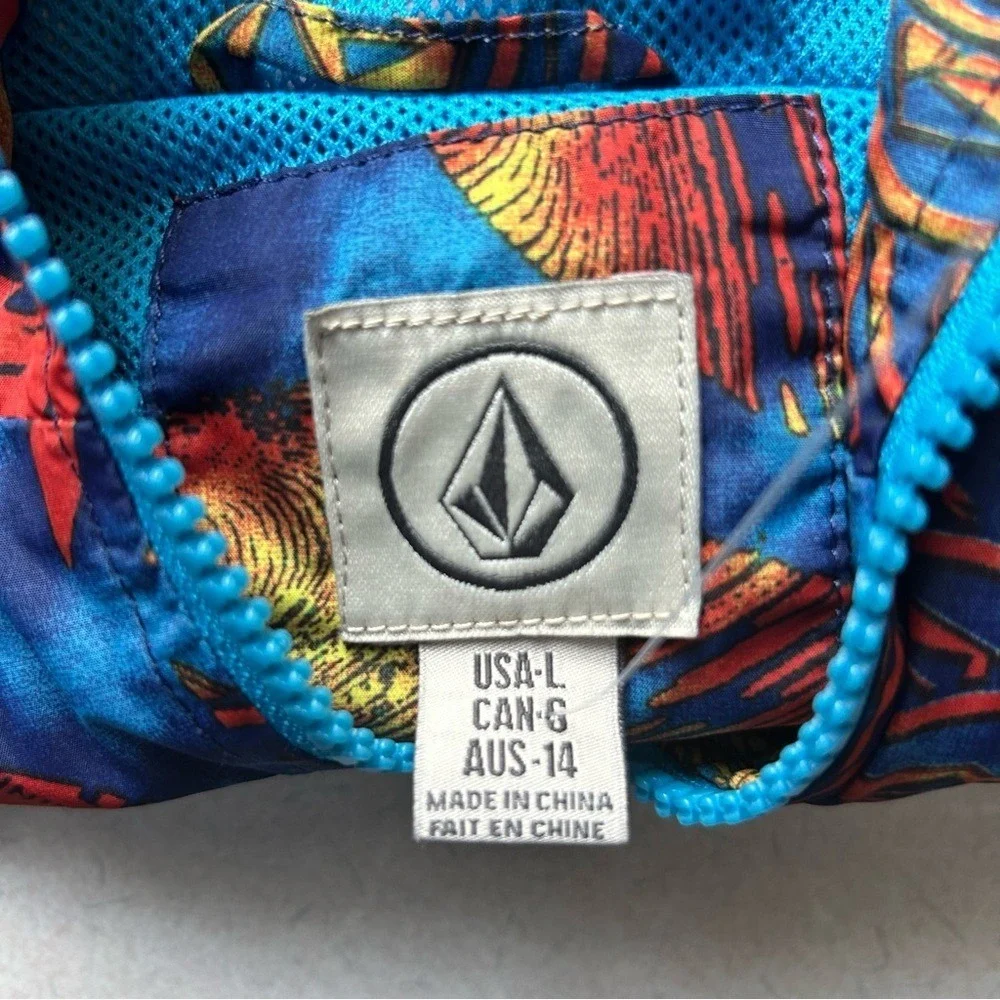 Volcom Kids Hooded Windbreaker Jacket Multicolor Graphic Print‎ Blue Red Size L